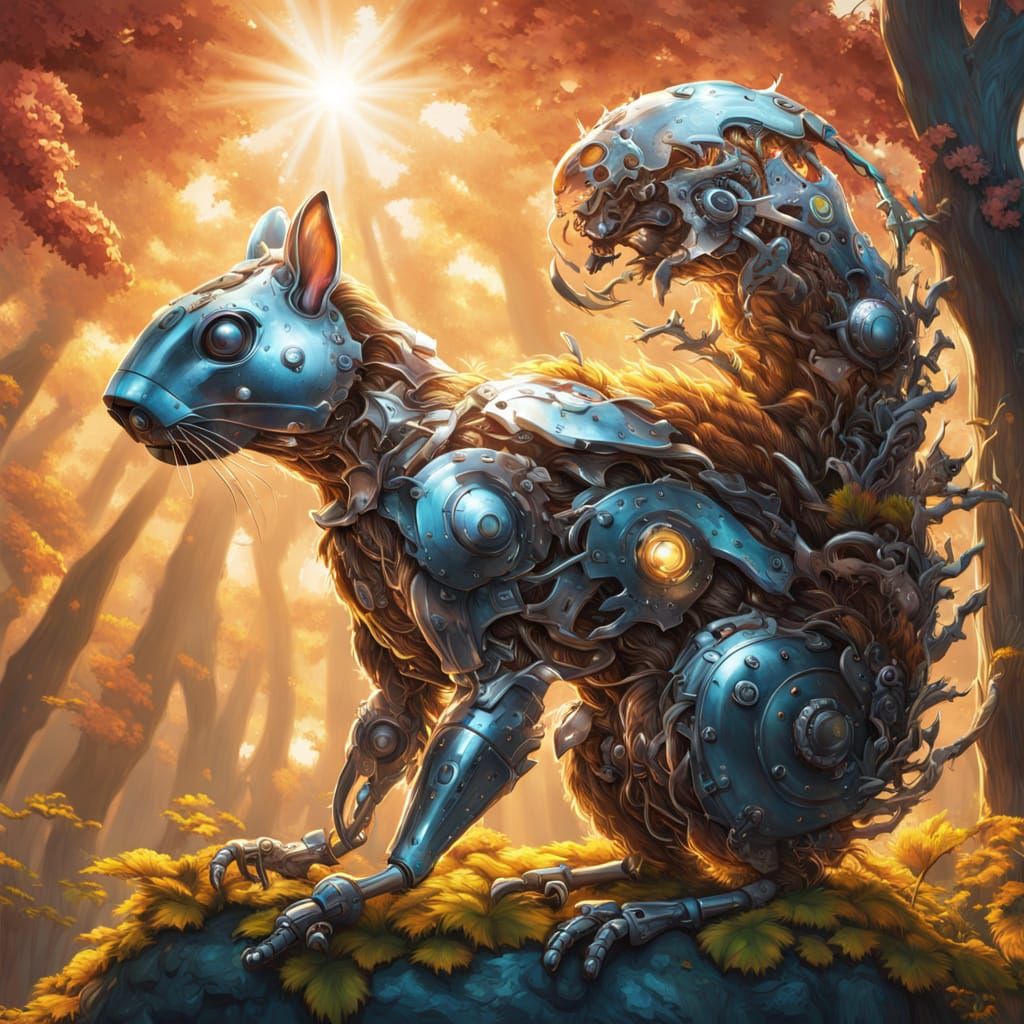 Mechanical Flowers Bloom Under Edison Bulb Sun, Robot Squirr...