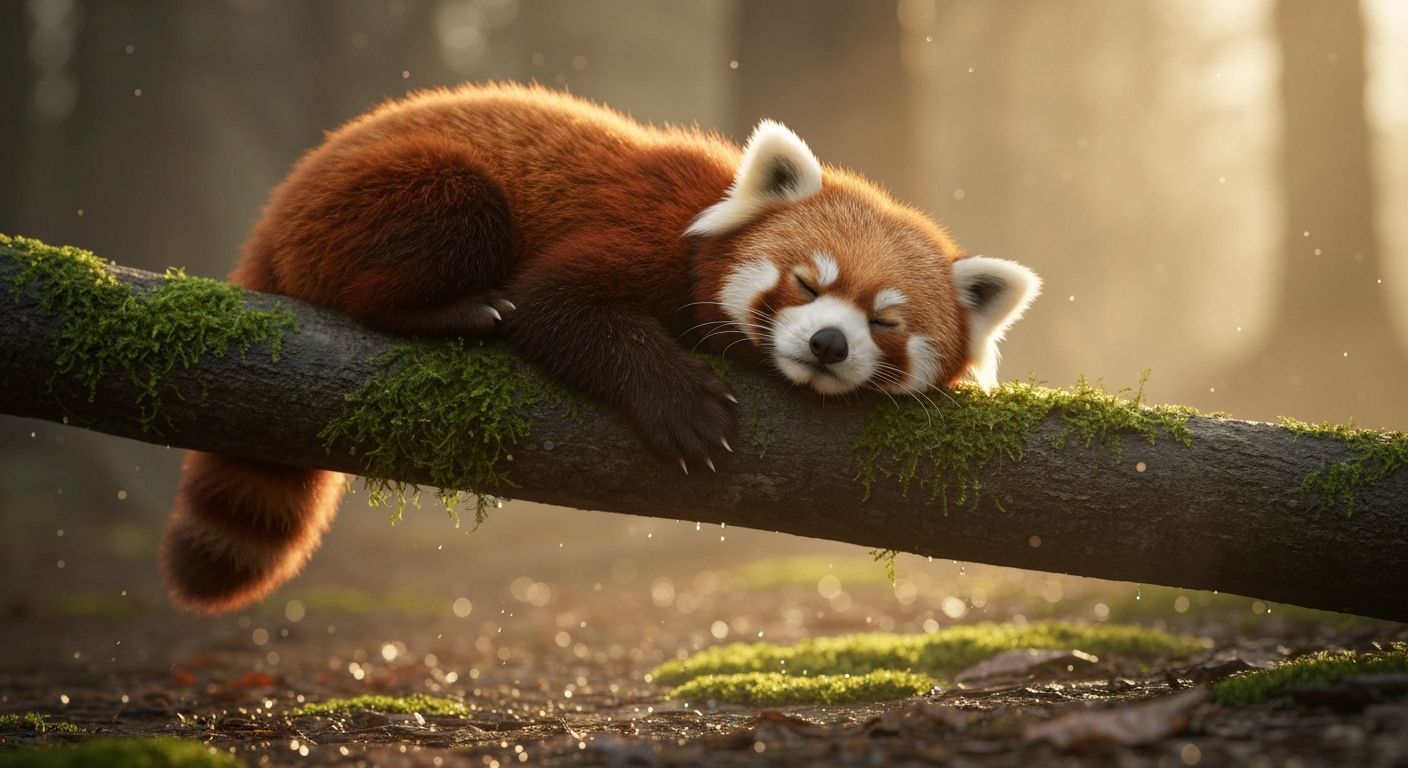 Cute Red Panda Sleeping in Misty Forest, 35mm Film Style