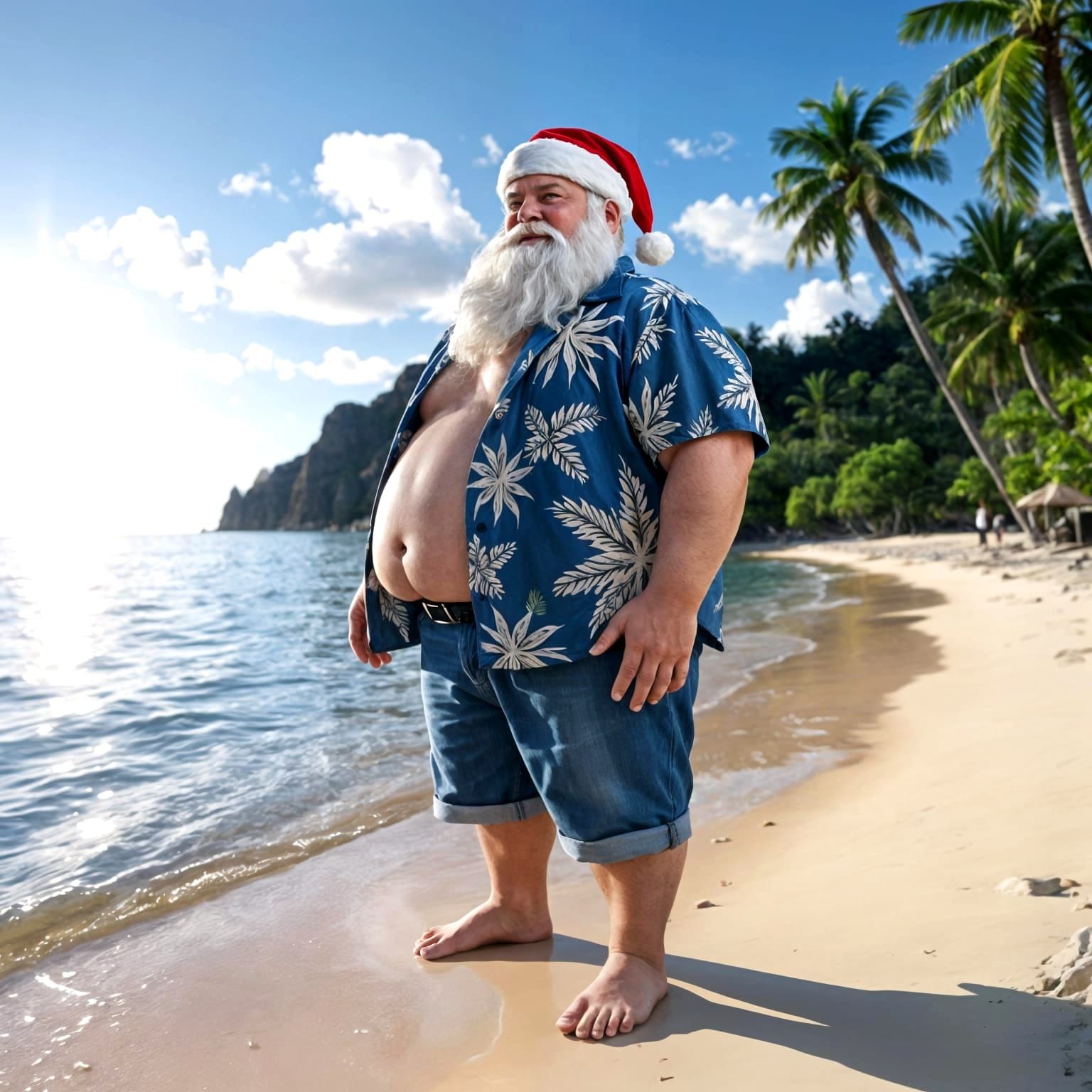 Vibrant Tropical Beach Scene with Santa Claus in Bermuda Sho...