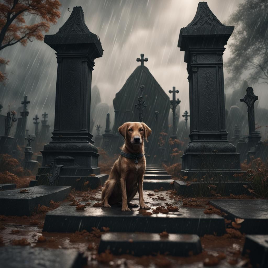 Dog in Rainy Graveyard: Detailed Matte Painting