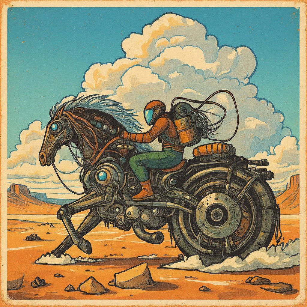 Cyberpunk Warrior on Horse Motorcycle in Desert