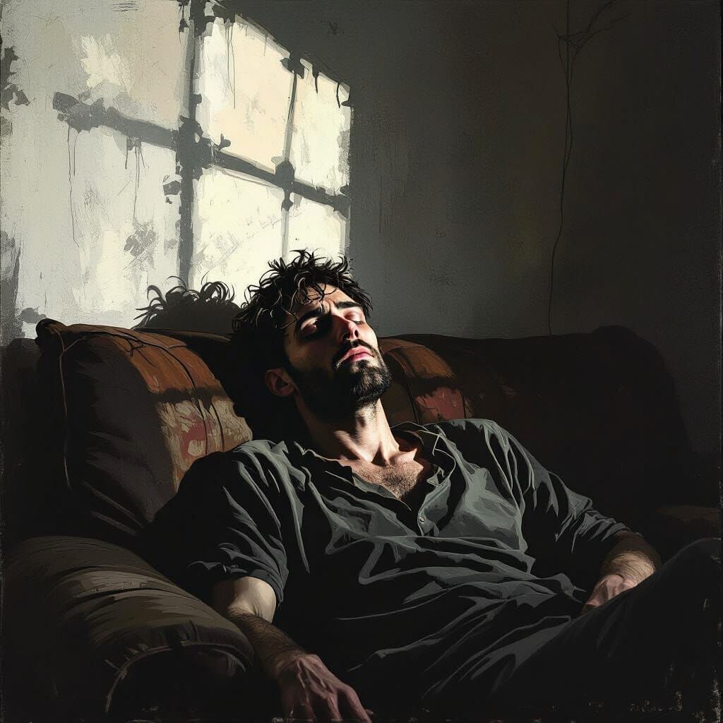 Man Slumped in Dark Room, Exhausted and Sleepless