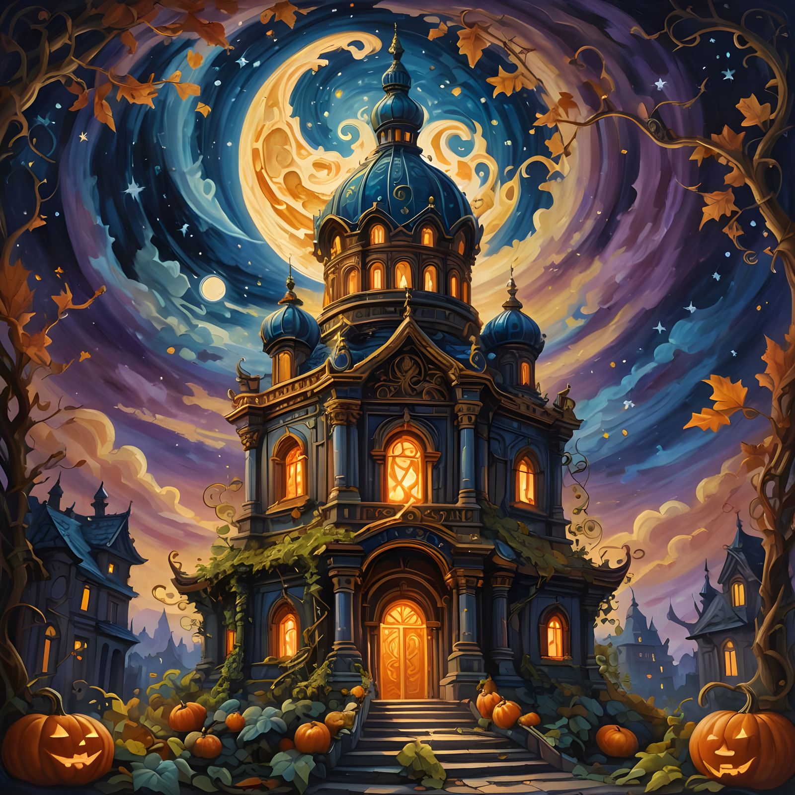 Autumn Pumpkin Temple Under the Stars