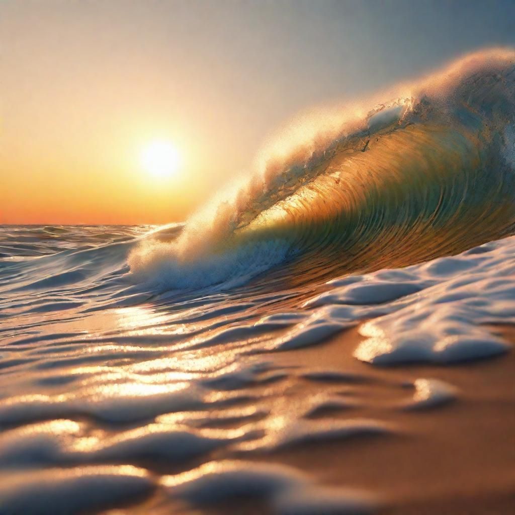Deserted Sunset Beach with Massive Wave in Golden Light