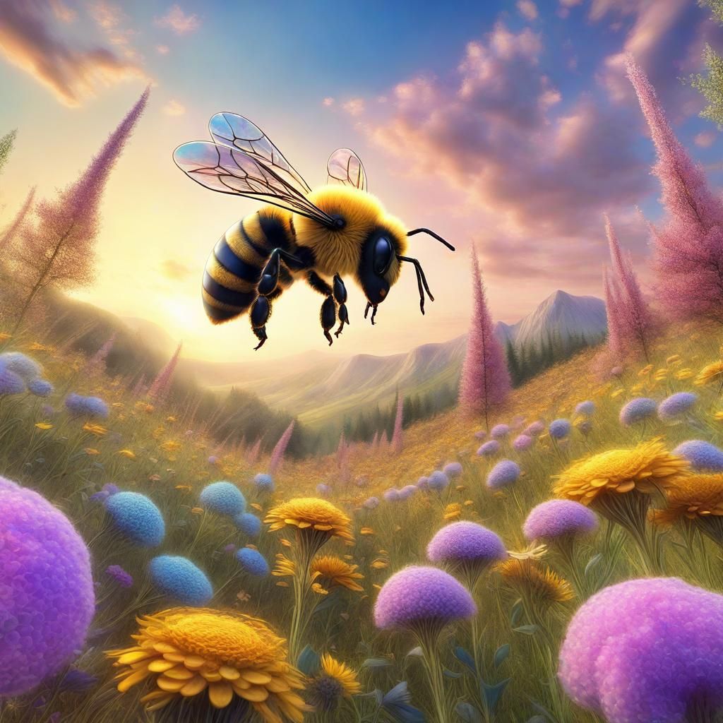 Bee in Meadow, Surreal Detailed Illustration