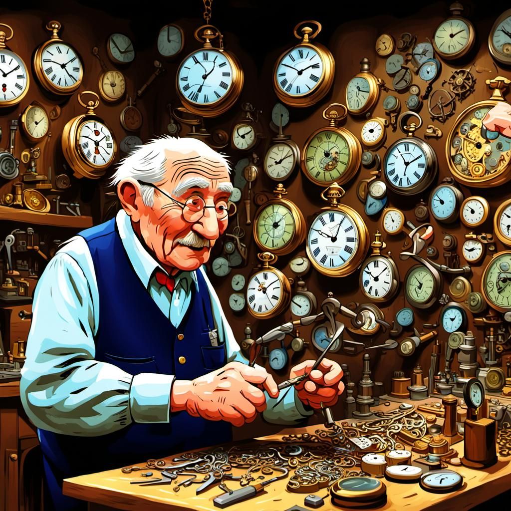 Animated Watchmaker's Shop in Playful Cartoon Style