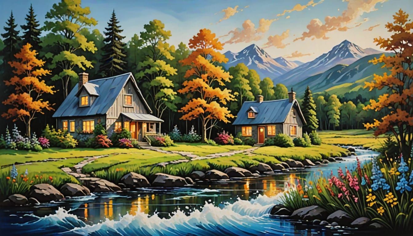 Whimsical Nature Scene in Fluid Acrylic Pouring Art