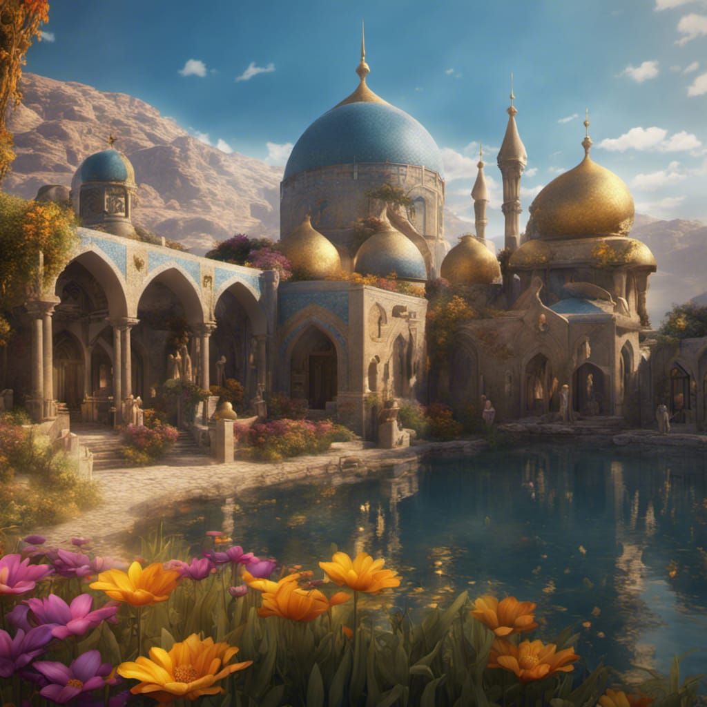 Arabian Town with Golden Domes and Blue Mosaics
