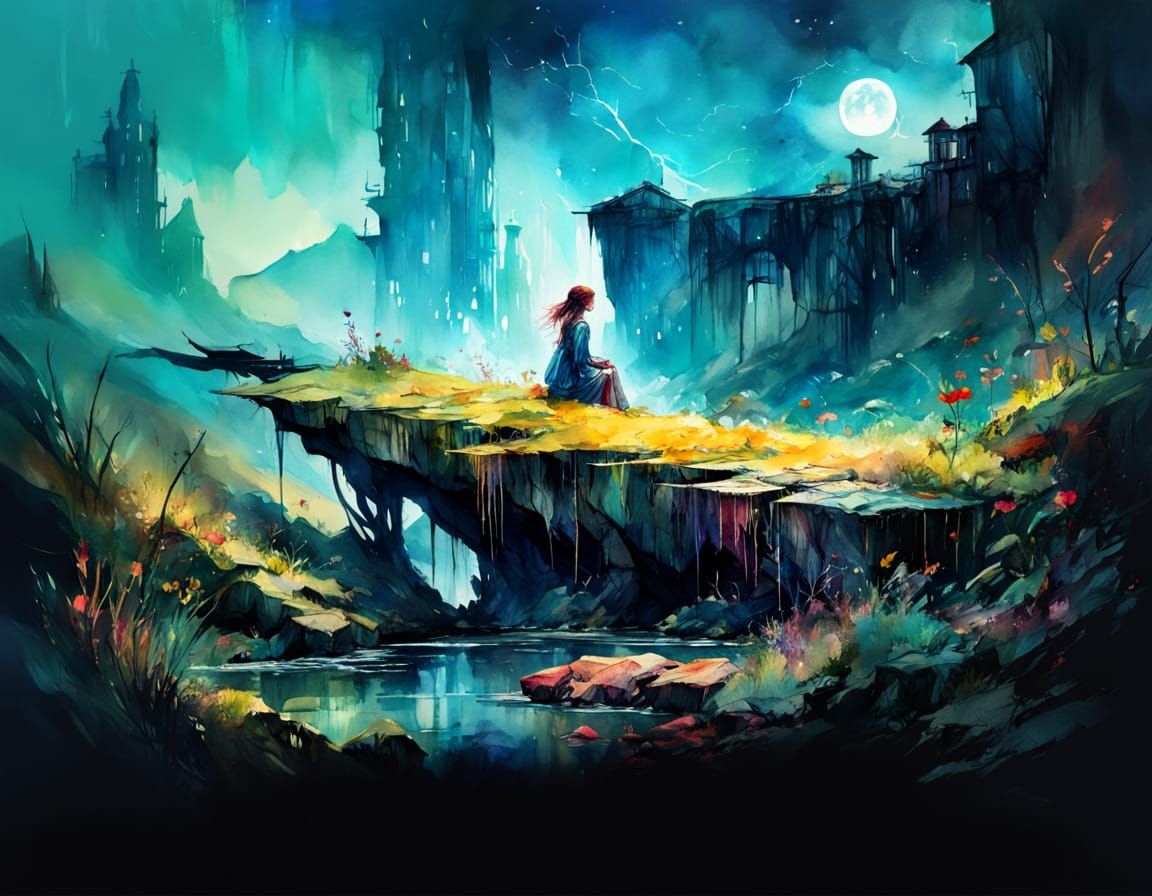 Fantasy World in Vibrant Cubist Watercolor Style