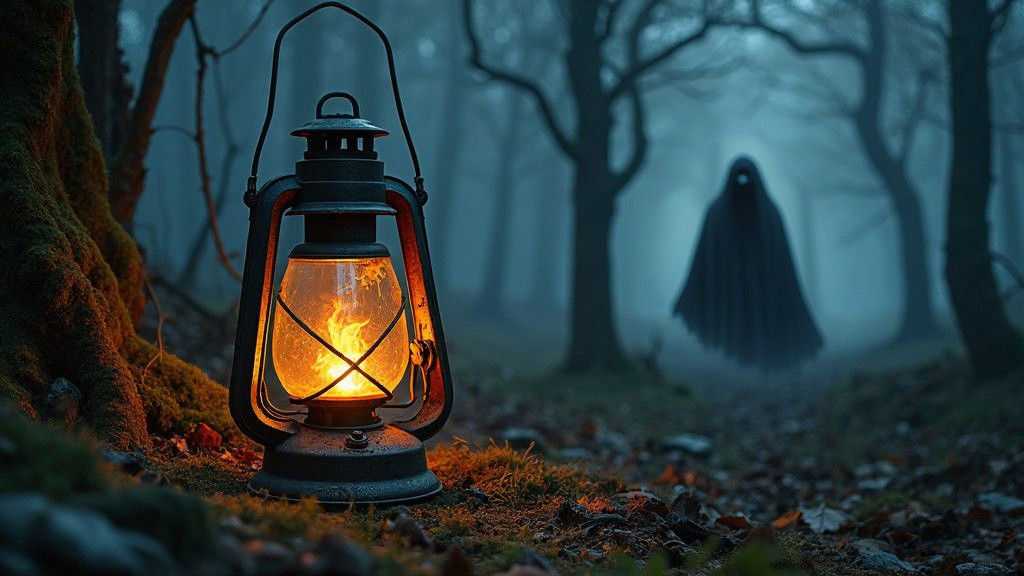 Eerie Lantern Light in Dark Forest, Digital Painting