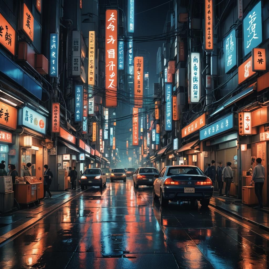 Tokyo City Night: Neon Reflections in a Digital Painting