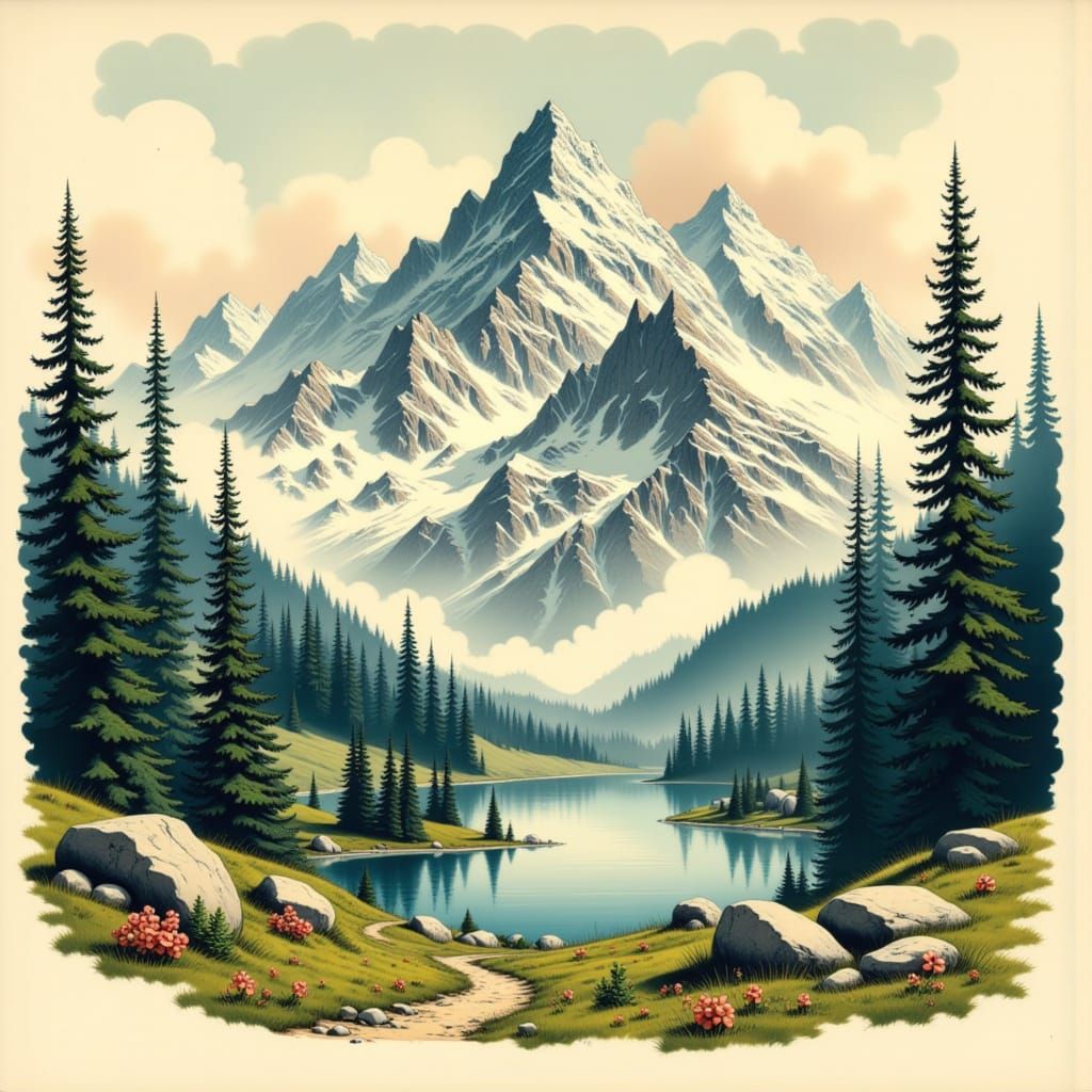 Vintage Travel Poster of Majestic Snow-Capped Mountains