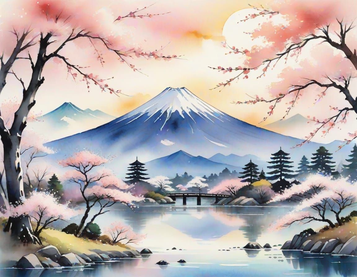 Traditional Japanese Landscape with Mt. Fuji and Sakura Blos...