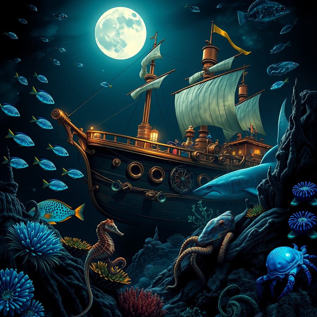 Steampunk Pirate Ship Glides Through Underwater Realm