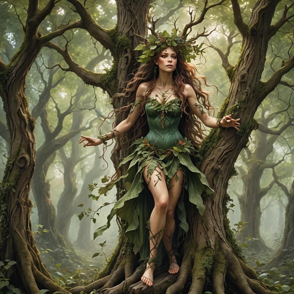 Enchanting Dryad Emerges from Ancient Tree