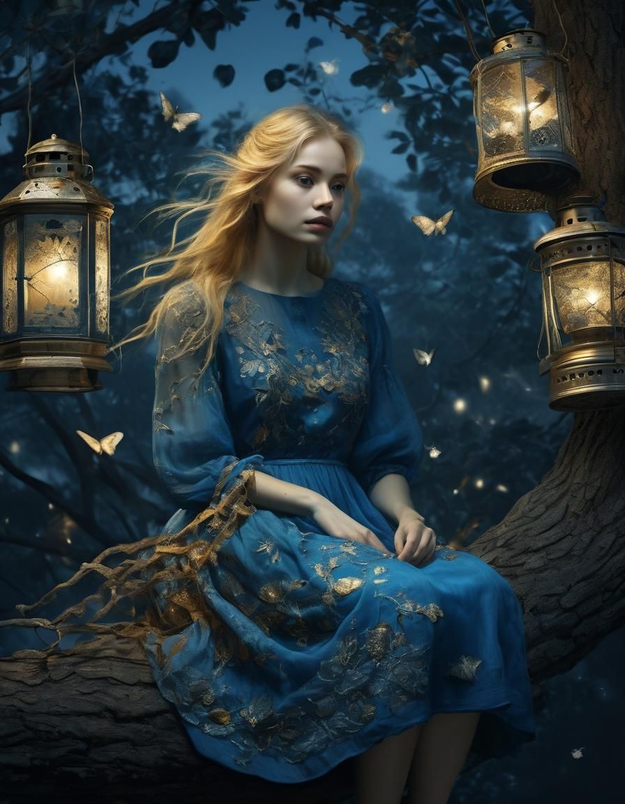 Girl with Lantern and Moths in Digital Painting