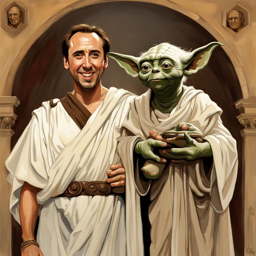 Nicolas Cage and Yoda in Rome, Rockwell Style