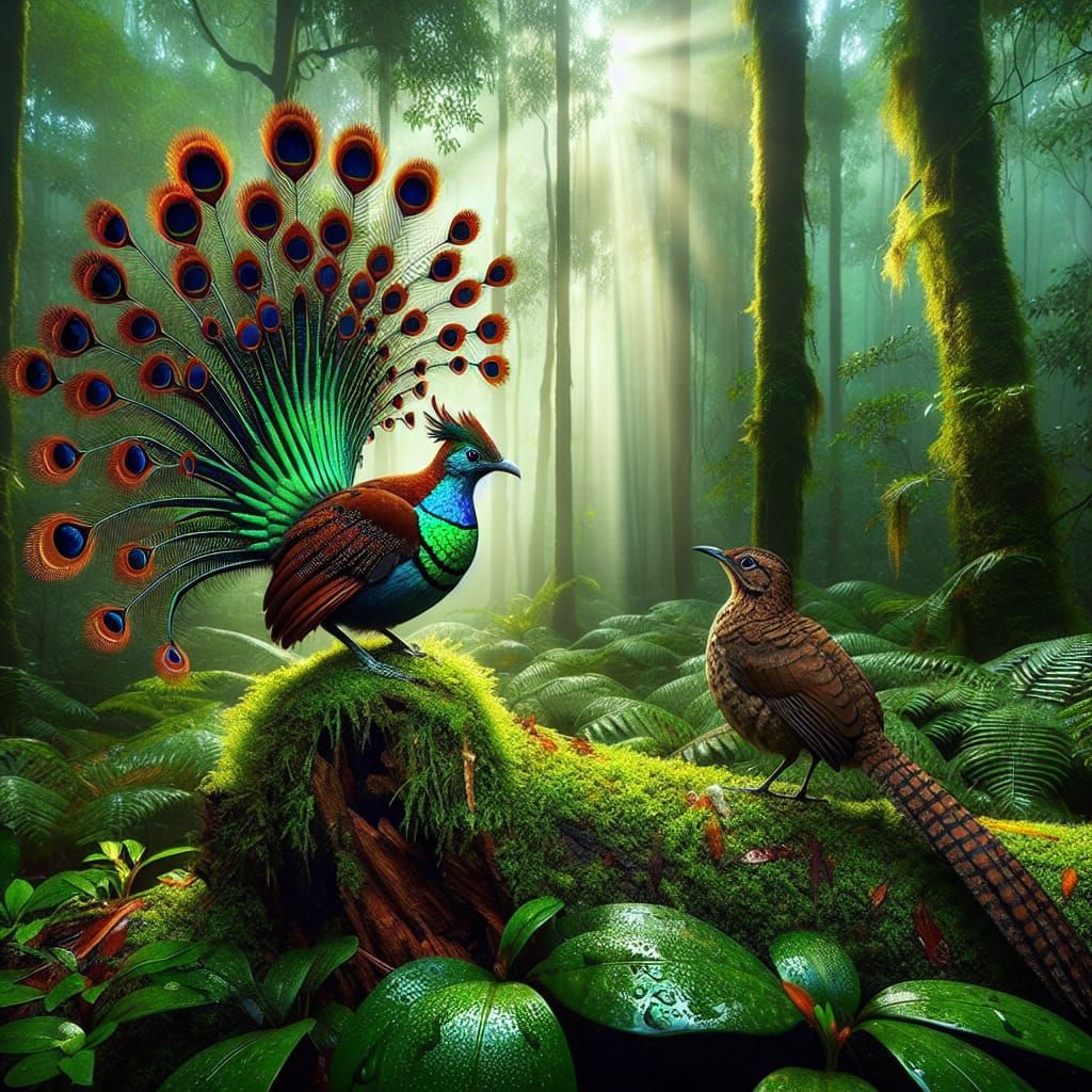 "A vibrant male lyrebird performing a mating dance for a fem...