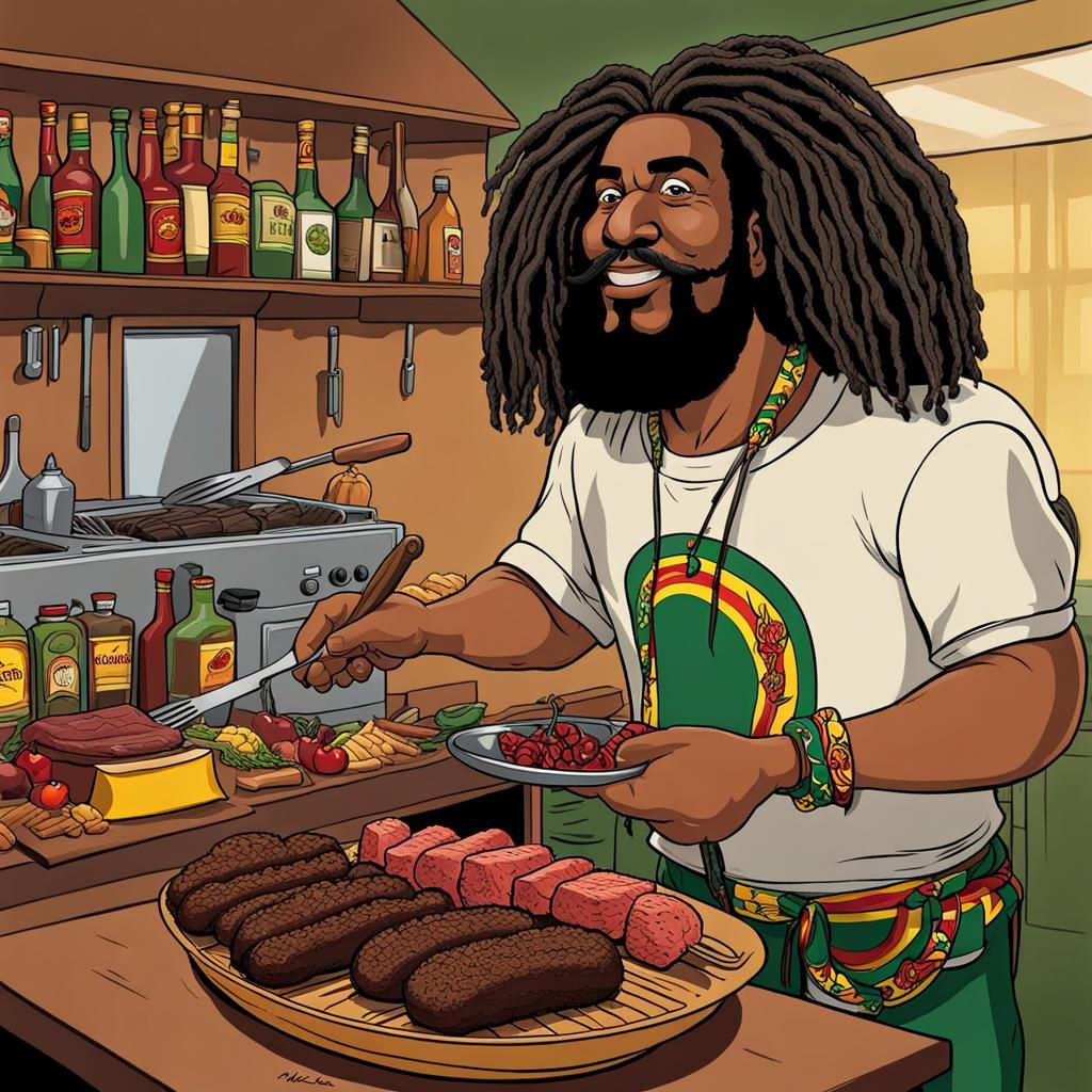 Cartoon of Smiling Man with BBQ Ribs