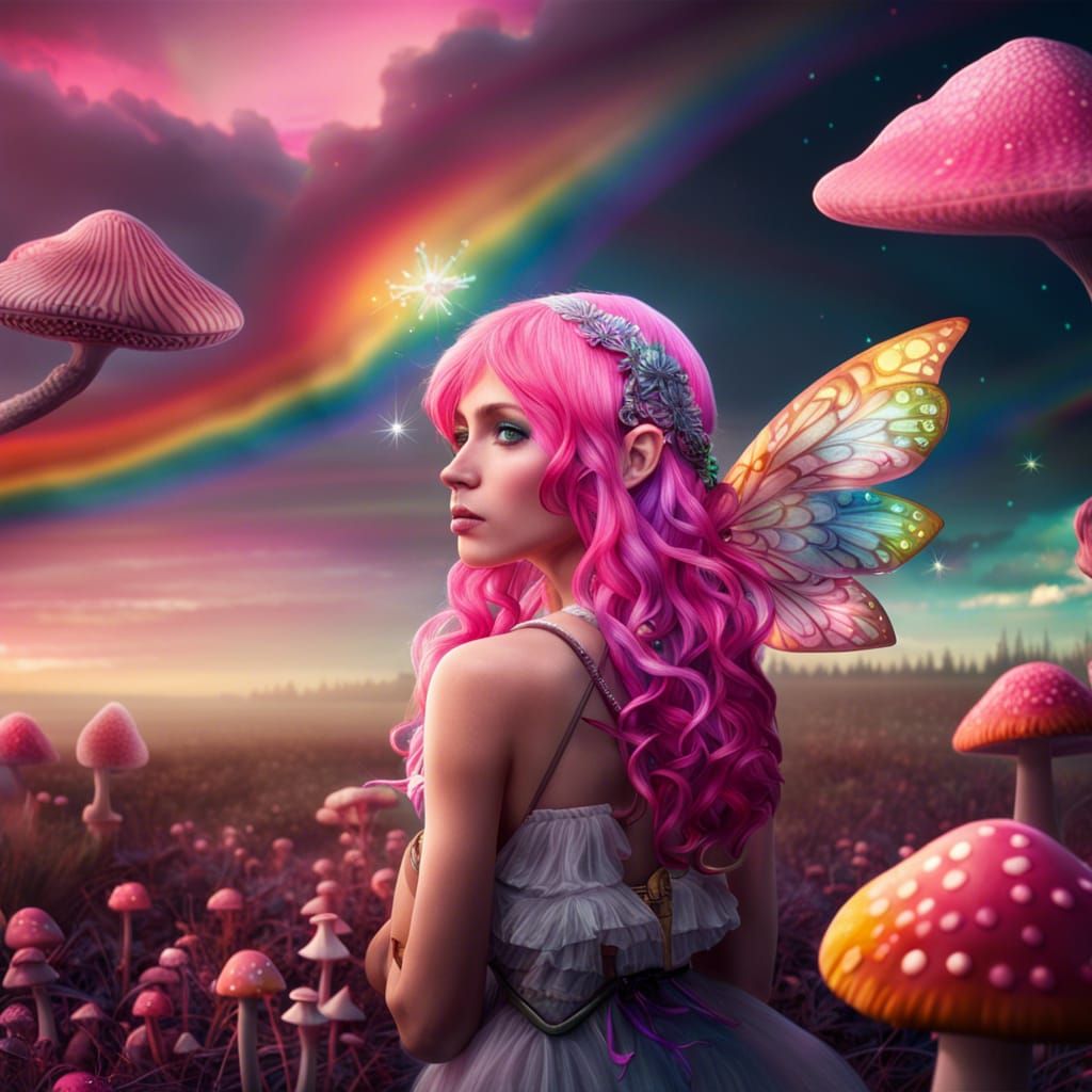 Enchanting Fairy in Mushroom Field with Rainbow Prism