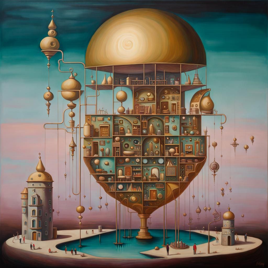 Surreal Oil Painting in Teal and Mauve