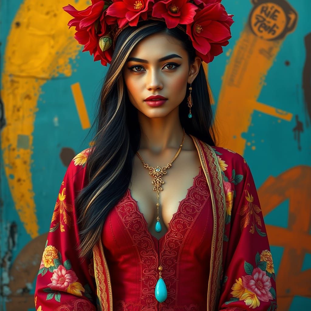 Elegant Woman in Floral Robe with Gold Jewelry