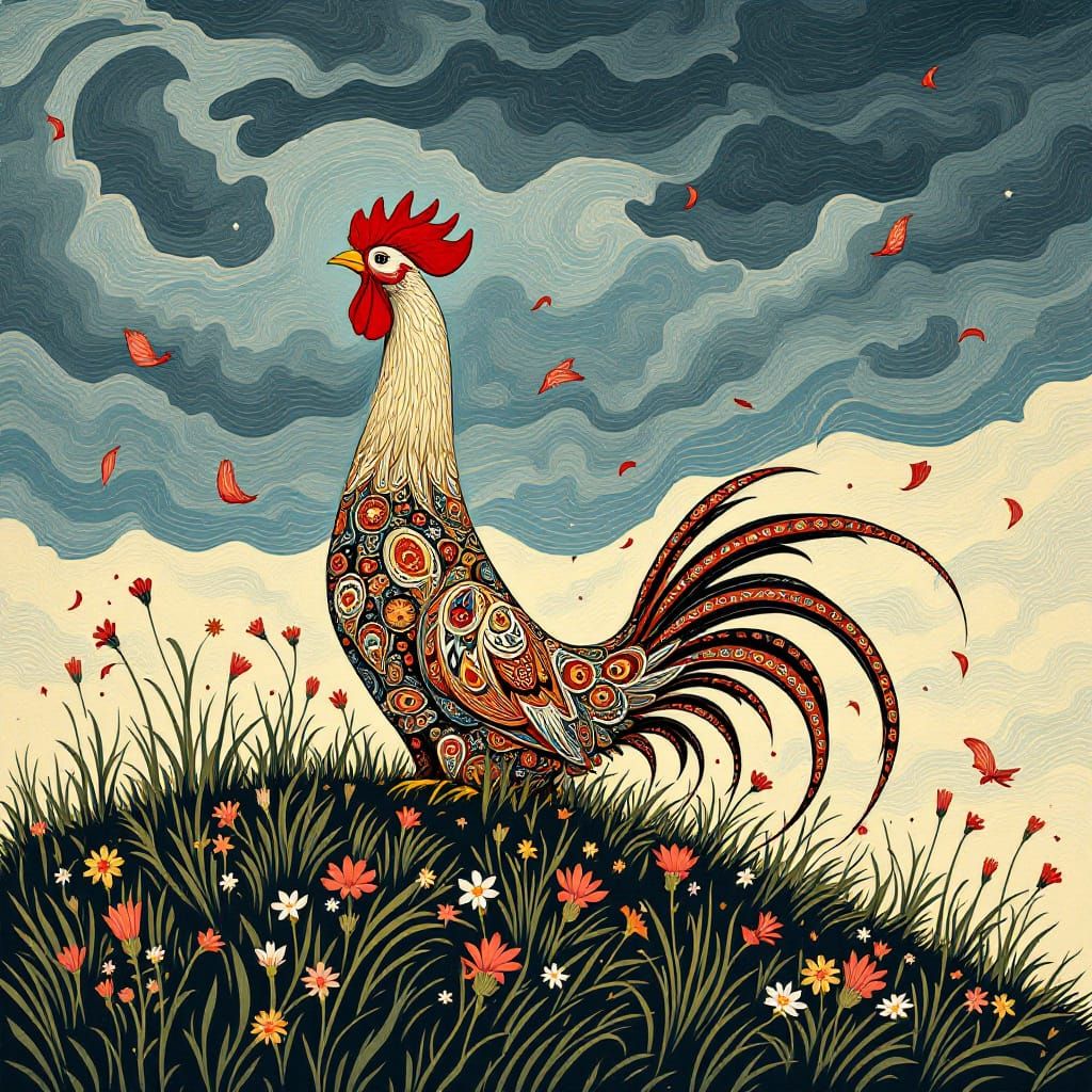 Patterned Rooster in Windswept Field, Folk Art Style