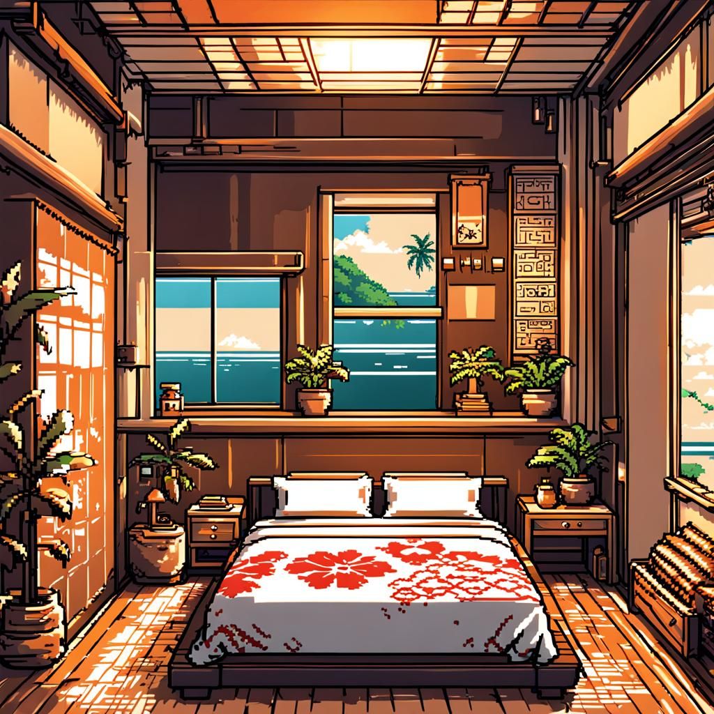 8-Bit Hawaiian Bedroom in Anime Style