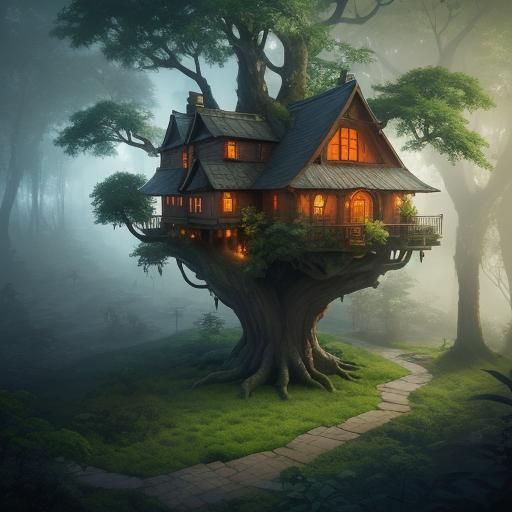 Enchanting Treehouse in a Lush Fantasy World