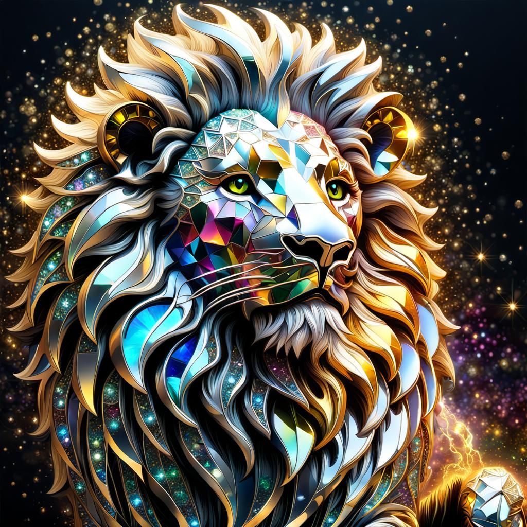 Crystal Lion with Fractal Gems in Digital Oil