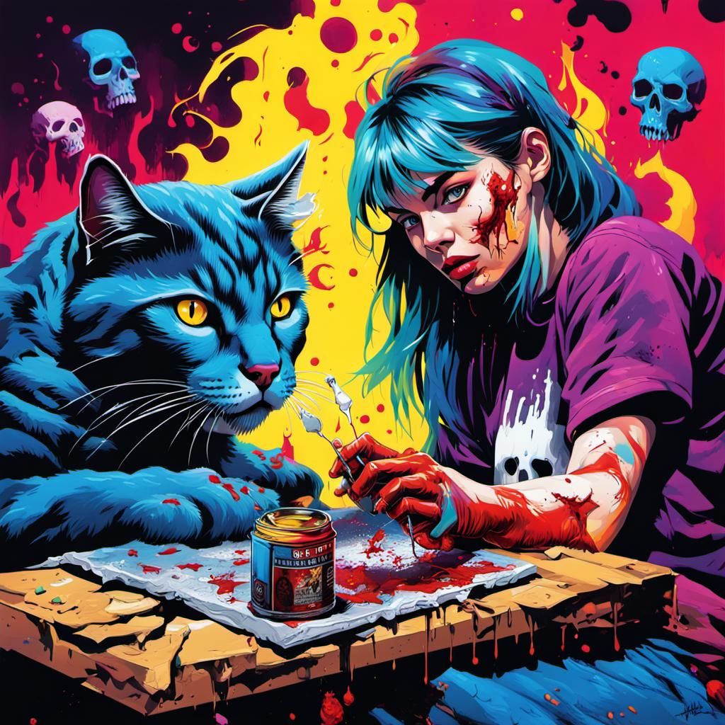 Comic Book Woman with Demonic Kitten in Graffiti Art