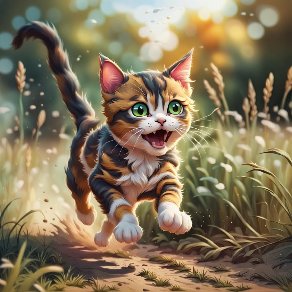 Hyperrealistic Chibi Cat Running in Field