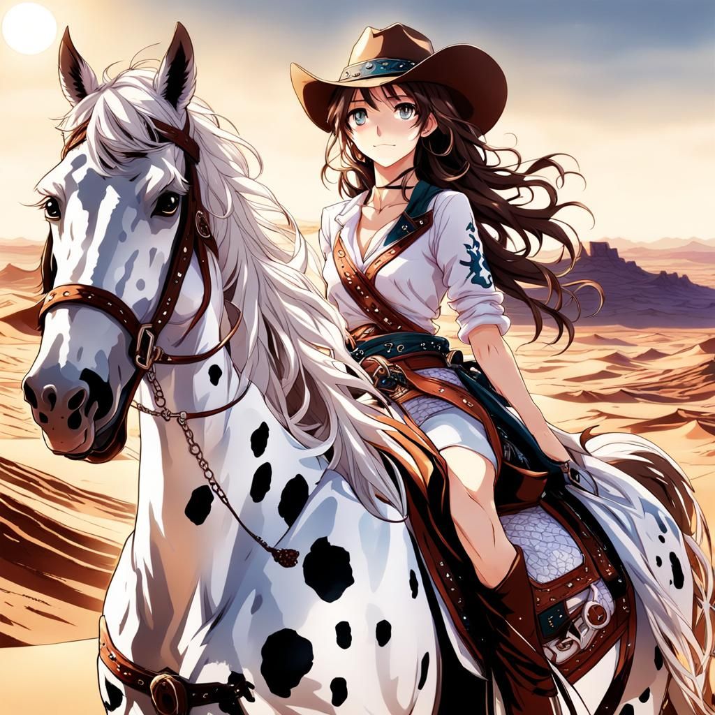 Cowgirl on Horseback in Anime Style Desert Scene