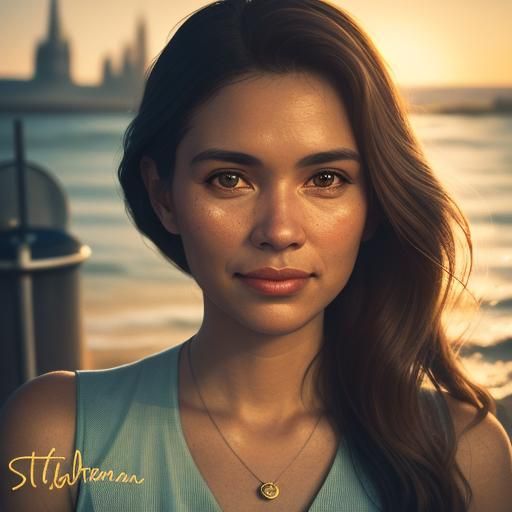 Vintage Travel Poster of Smiling Woman at Seaside Resort