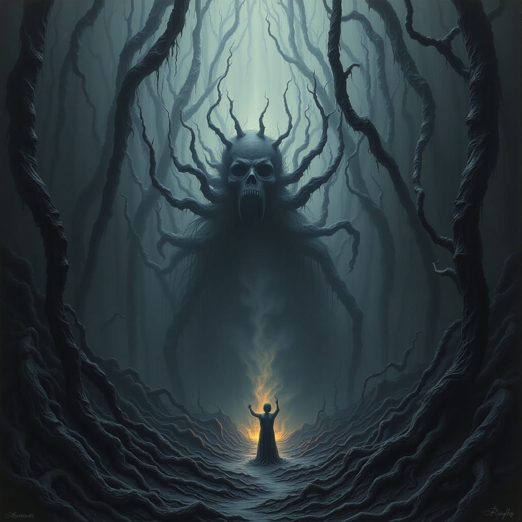 Eerie, Dark Fantasy Scene in Monochromatic Hues