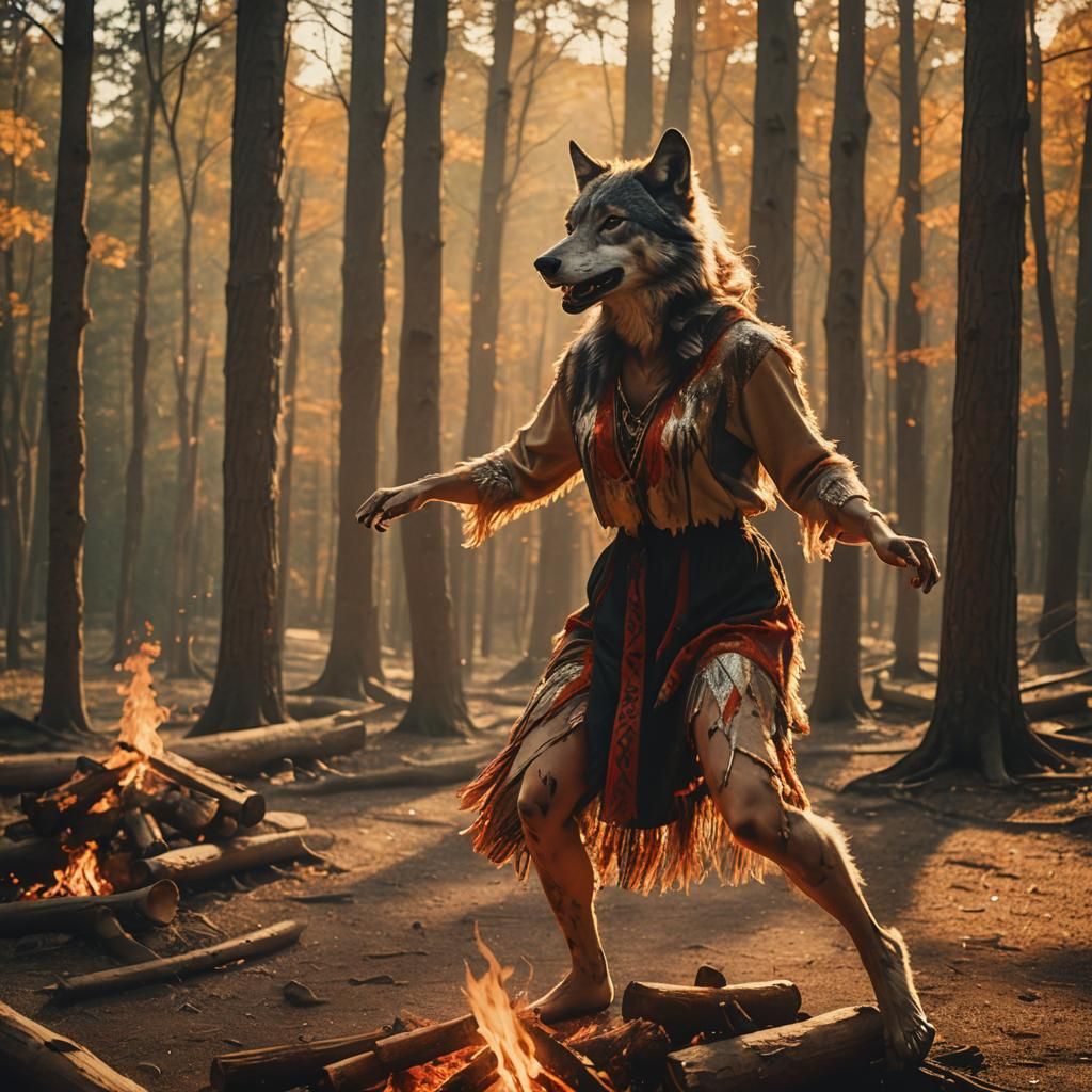 Shape-Shifting Wolf Woman Dances in the Woods