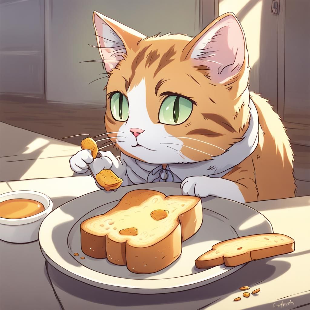 Cat Eating Toast in Anime Style