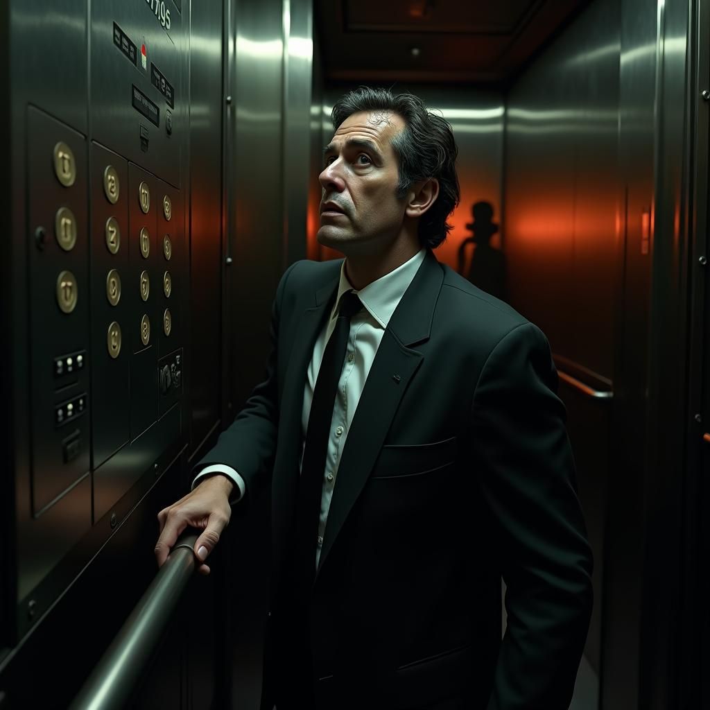 Claustrophobic Elevator Encounter in High-Tech Noir Style