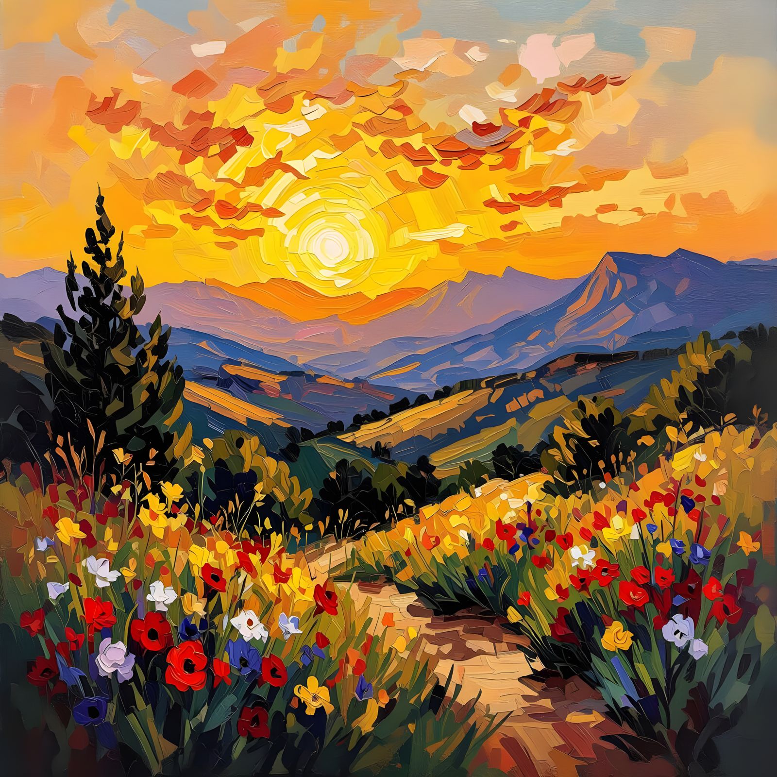 Mountain Sunset Landscape Impasto Acrylic Painting