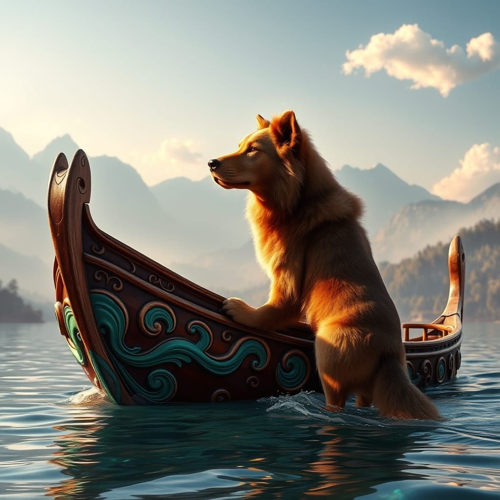 Majestic Dog Guides Mystical Wooden Boat Through Fantasy Rea...