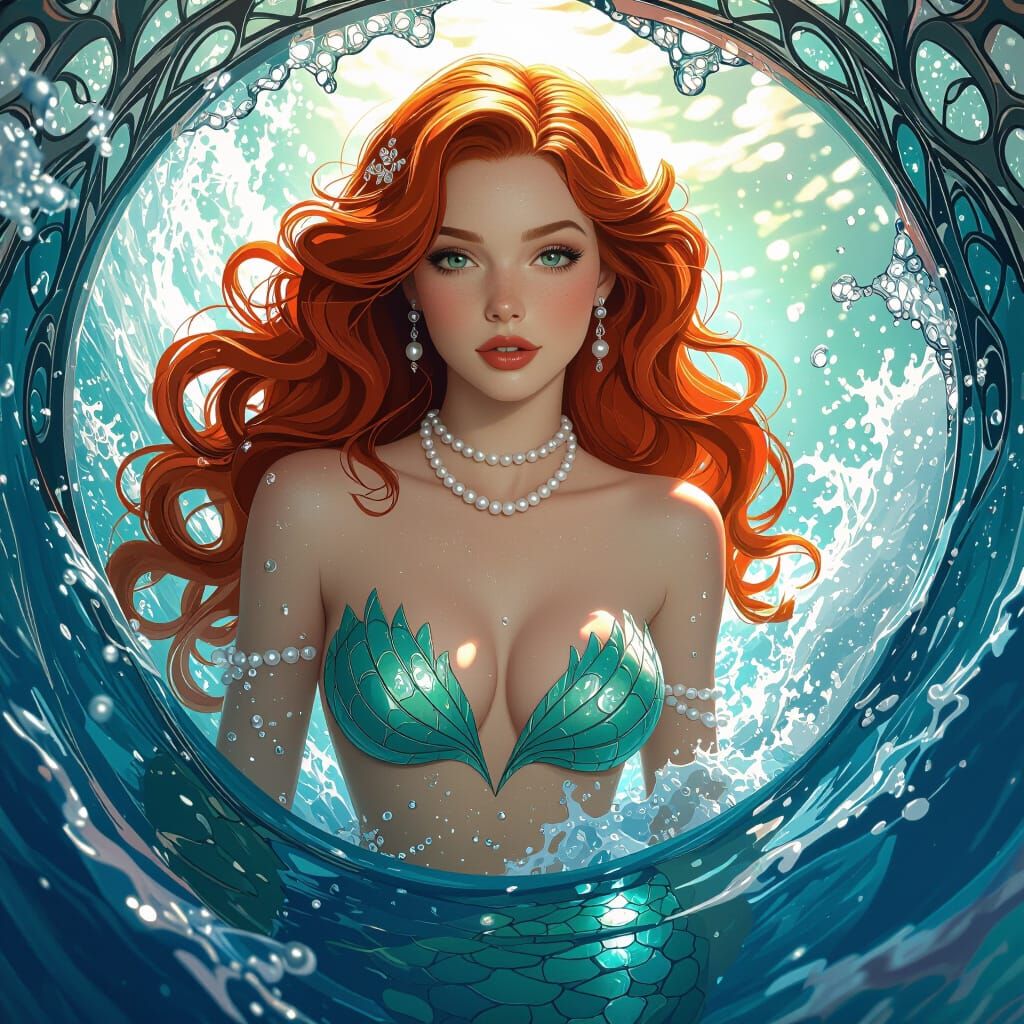 Redhead Mermaid Split Image in Art Nouveau Style