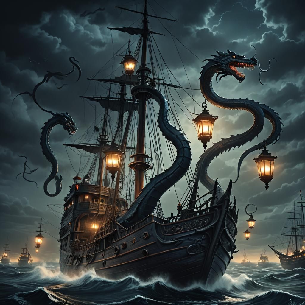 Sea Serpent's Midnight Attack: Dark Fantasy Art
