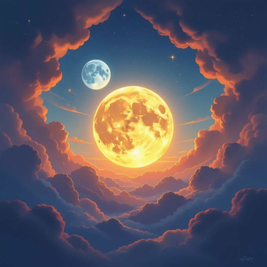 Celestial Ballet of Sun and Moon in Swirling Sky