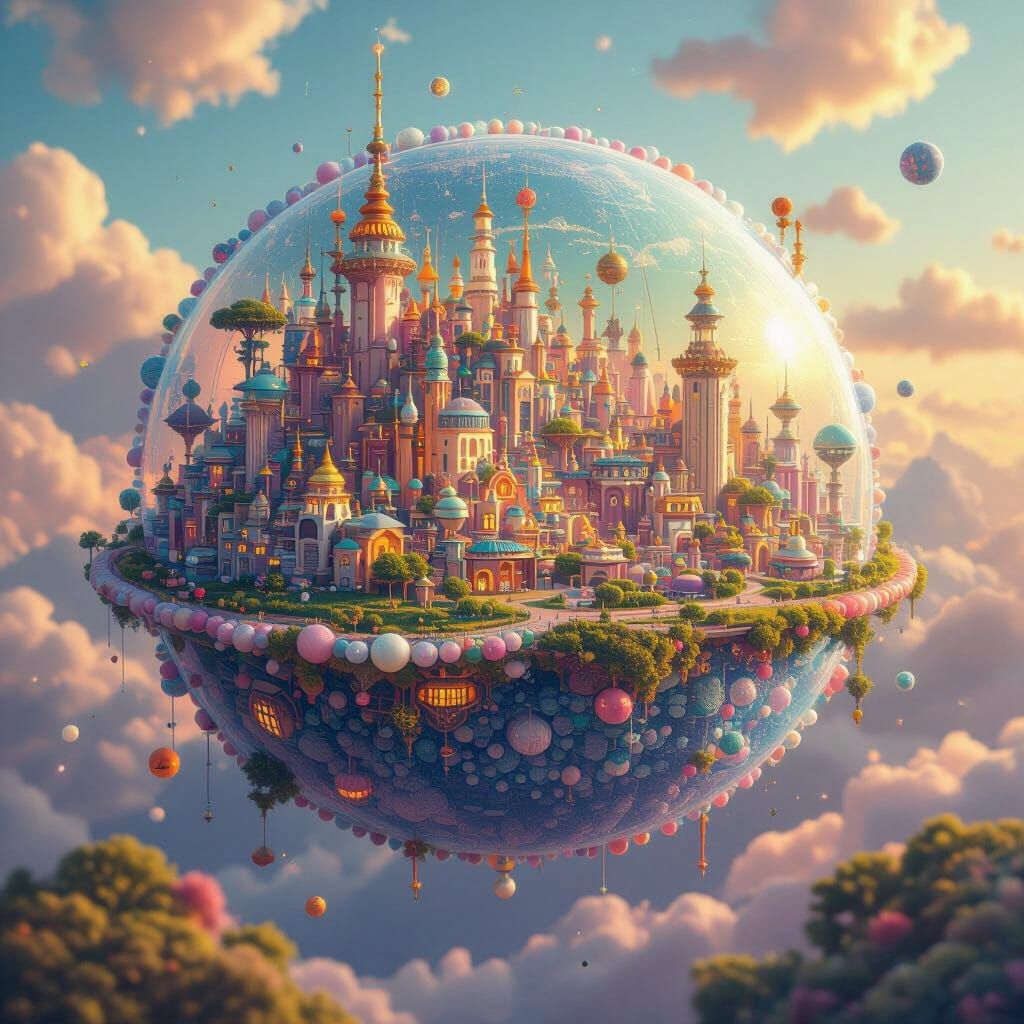 Beaded Planet with Miniature Cities in Stylized Atmosphere