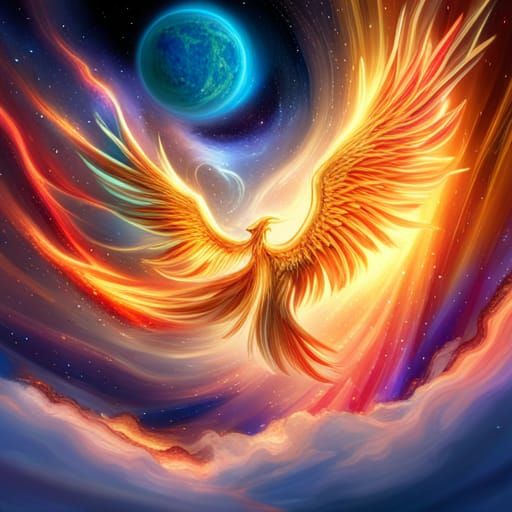 Jeweled Phoenix Soaring Through a Cosmic Landscape