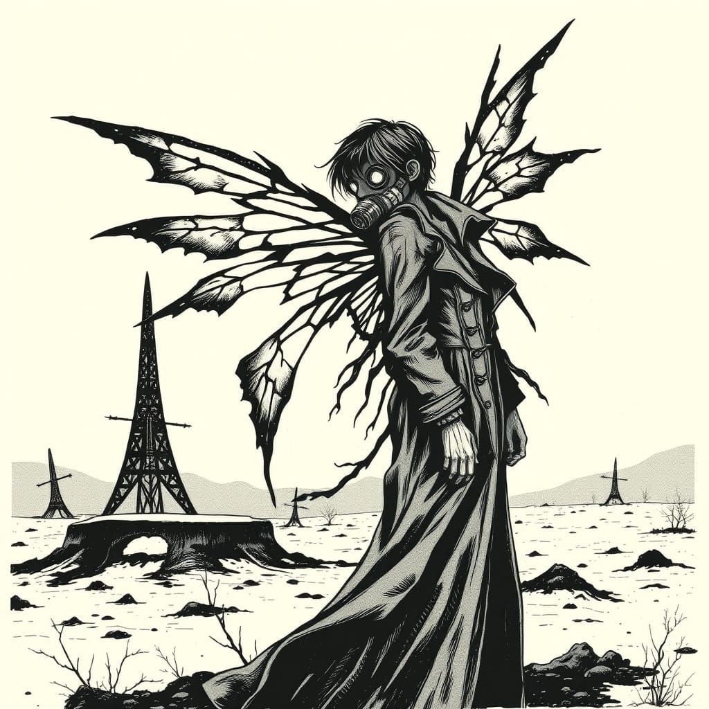 Post-Apocalyptic Fairy in Linocut Noir Style
