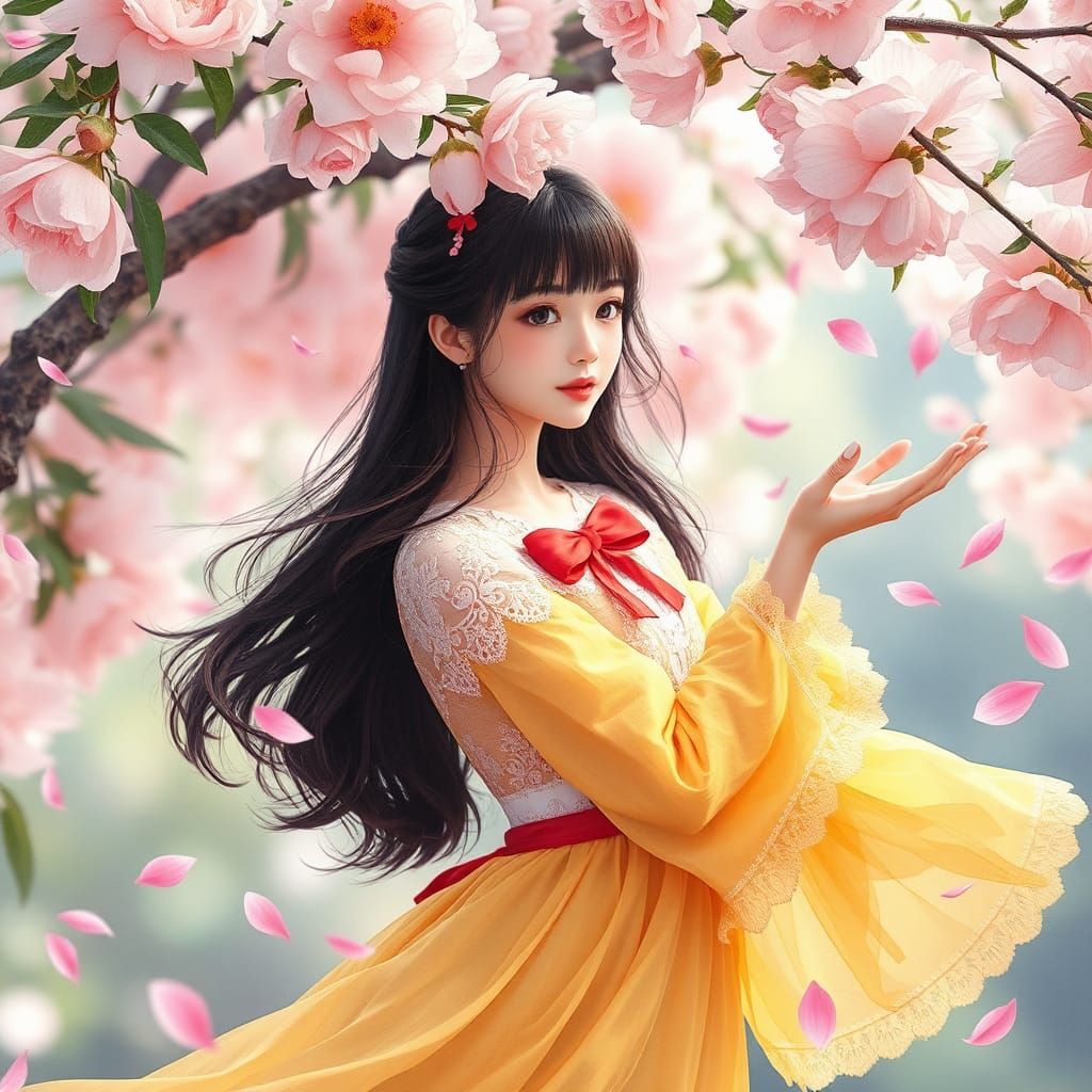 Woman Under Peony Tree: Vibrant Anime Watercolor