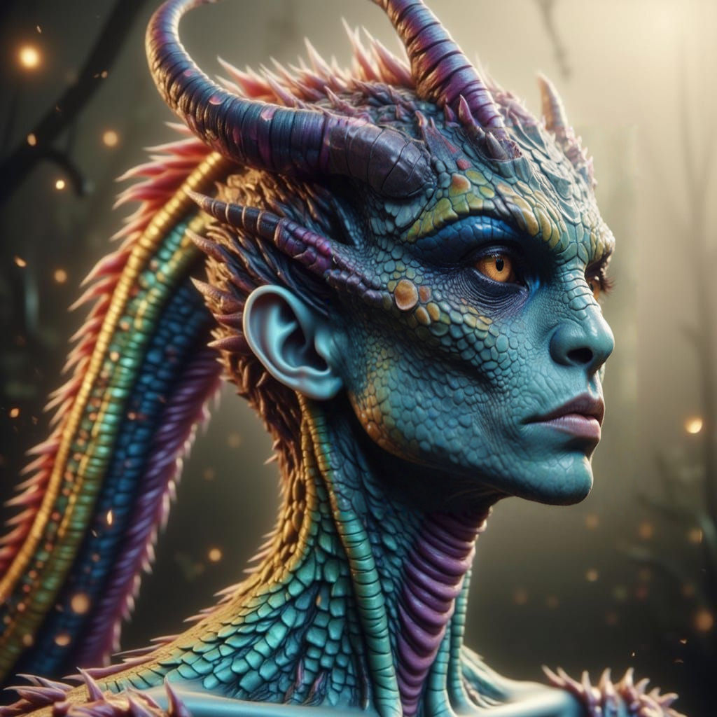 Demonic Reptilian Goddess with Rainbow Scales