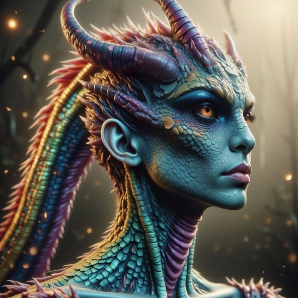 Hyper-Realistic Reptilian Goddess with Rainbow Scales