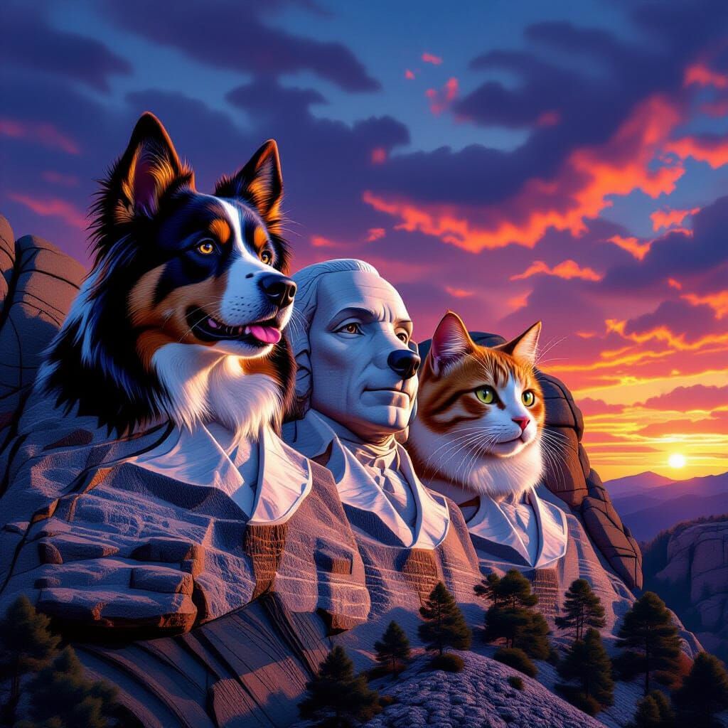 Mount Rushmore with Hyperrealistic Dogs and Cats
